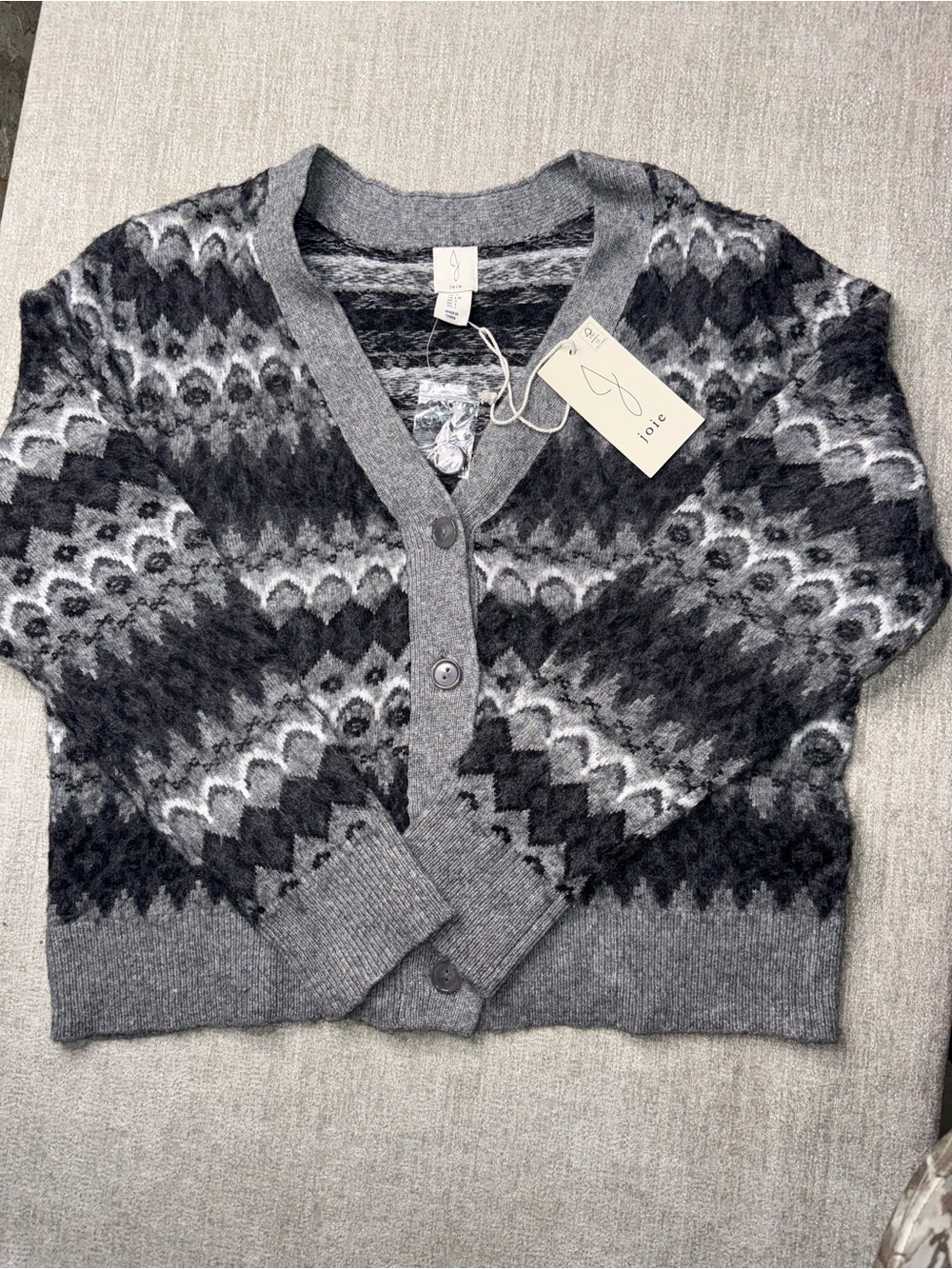 Joie Fair Isle Button Front Cardigan Sweater Black Gray Size L NWT